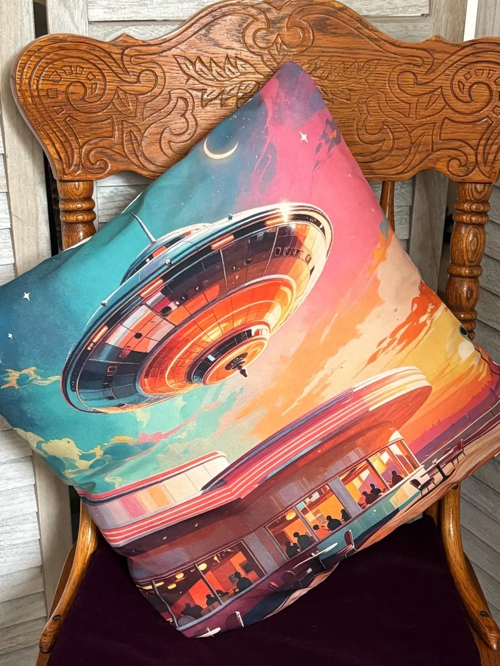 NEW Googie Neon “Twilight Diner” Retro UFO Dopamine Decor Throw Pillow 18”Wx17L